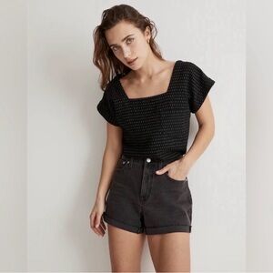NWT Madewell Black Jacquard Square Neck Too. Black Size Medium. Stitch Pattern.